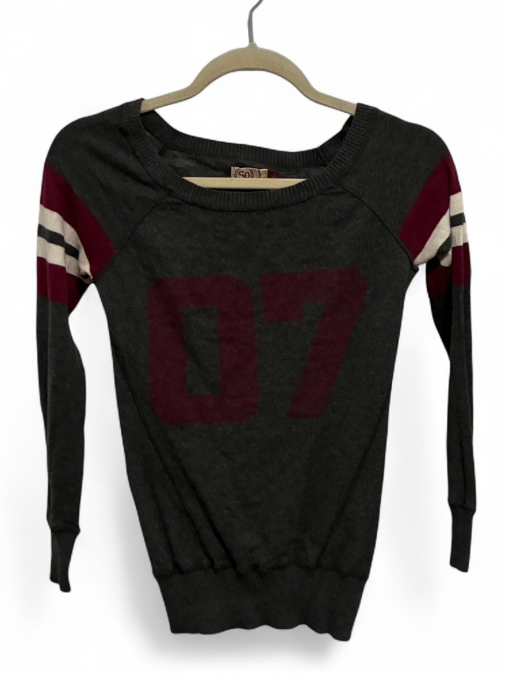 Y2K SO Gray Sporty Pullover Sweater Top with Burgundy and Cream Stripes